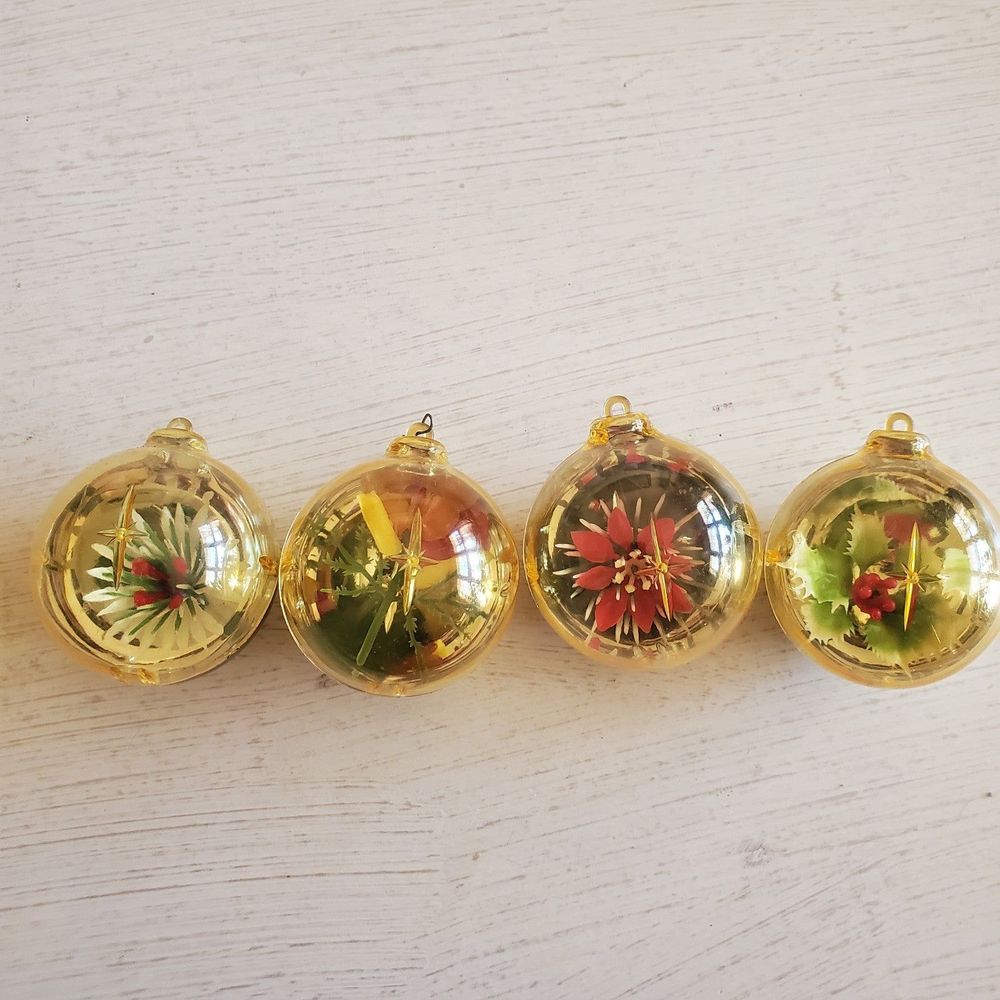 Jewel Brite Vintage 50s 60s diorama Christmas bulbs Misteltoe Poinsettia Lot x4